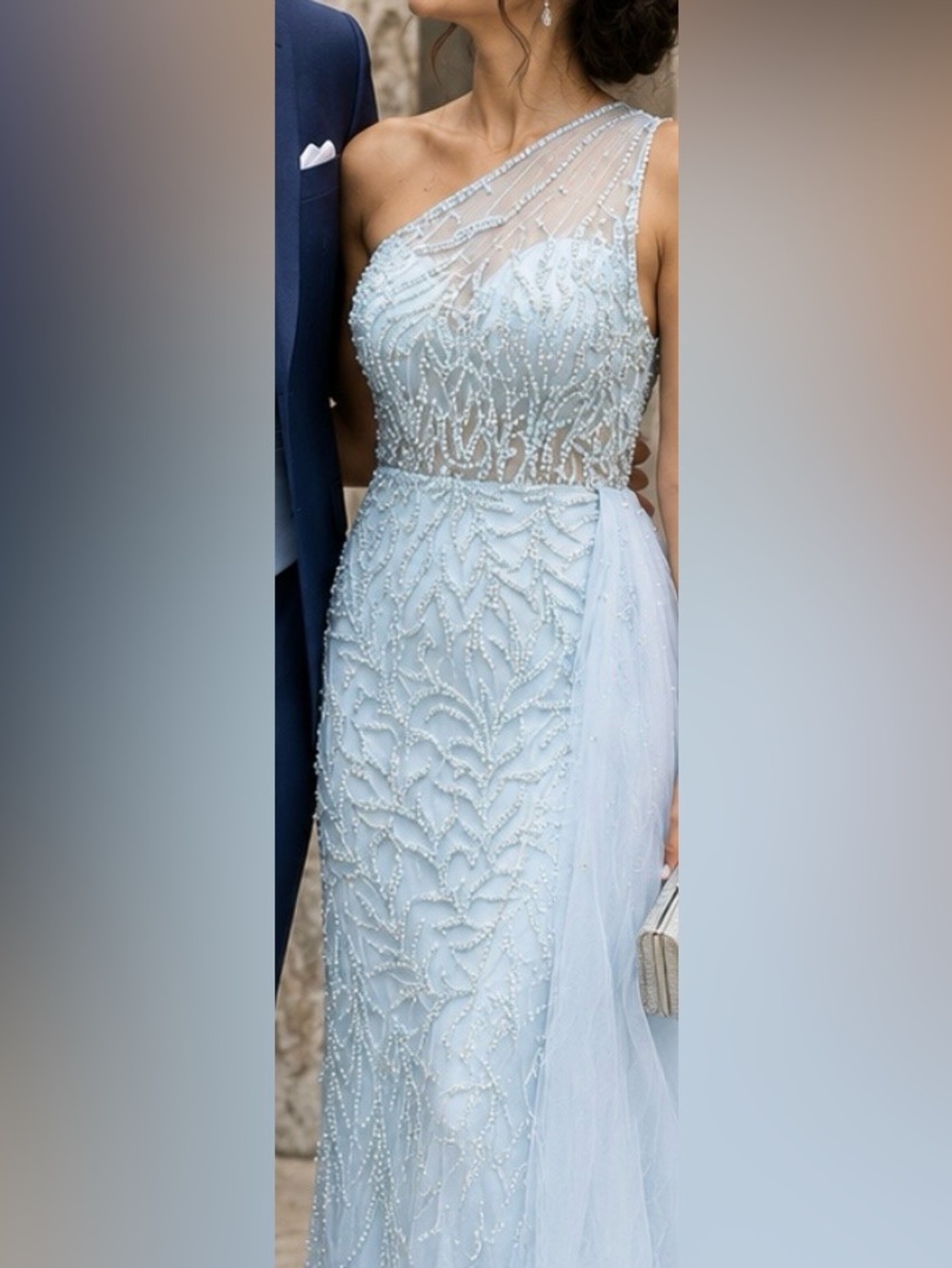 Baby Blue Pearl Beaded One Shoulder Formal Gown with Tulle Overlay